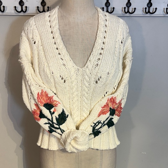 Pilcro Sweaters - Pilcro Cream V-Neck Sweater with Pink Floral Embroidery